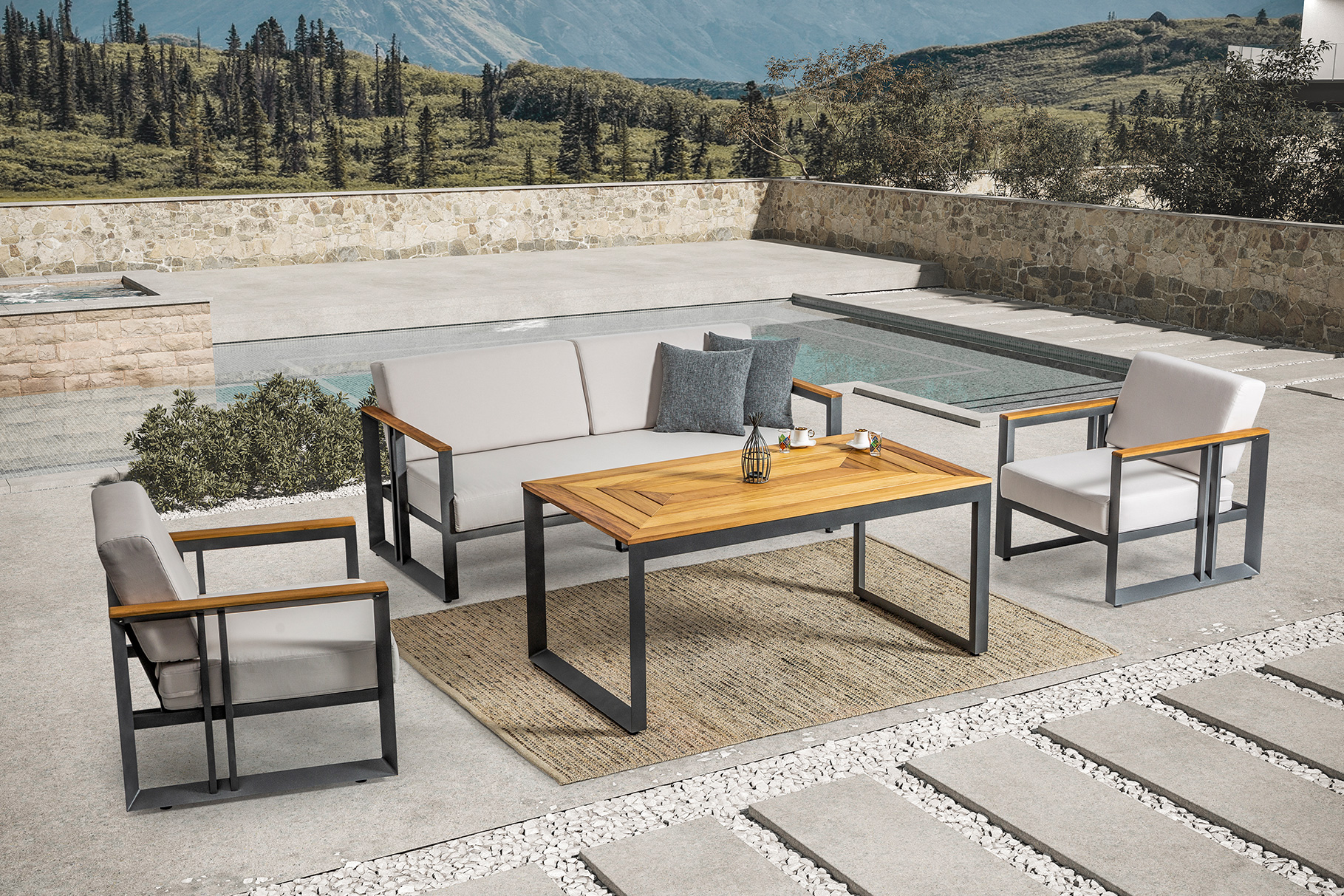 Poolside outdoor furniture hotel resort — Vertuden